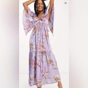 ASOS Design Satin Flutter Sleeve C Neck Maxi Dress with Tier Hem